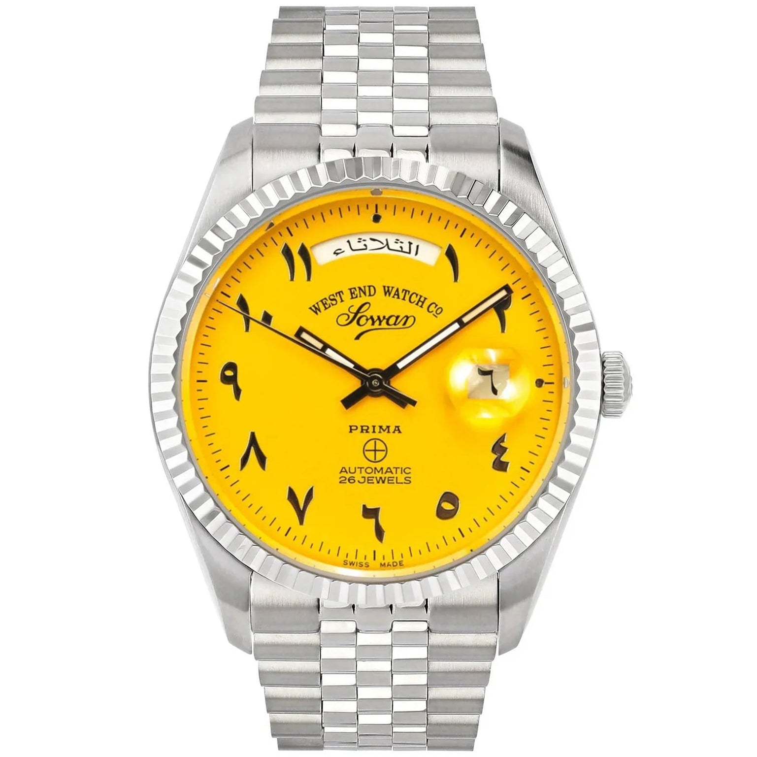 WEST END MEN'S SILVER TONE CASE YELLOW ARABIC DIAL AUTOMATIC WATCH