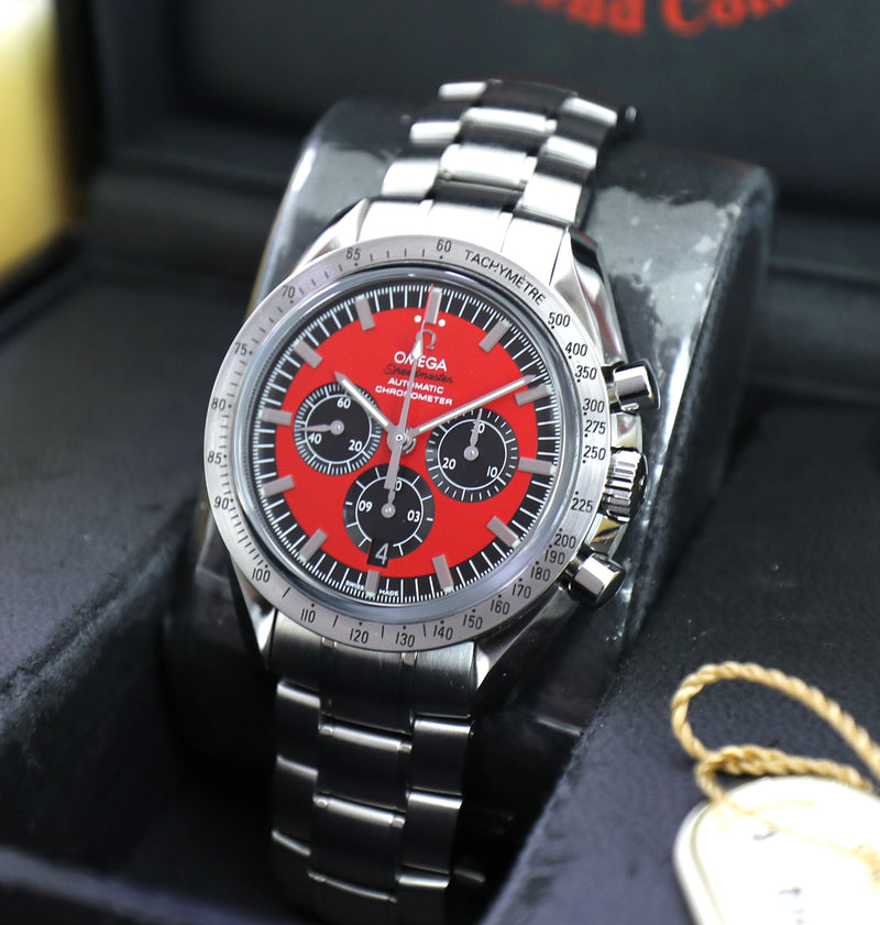 Omega Speedmaster – Michael Schumacher Legend – Red Dial – Full Set – Unworn - Azzam Watches 