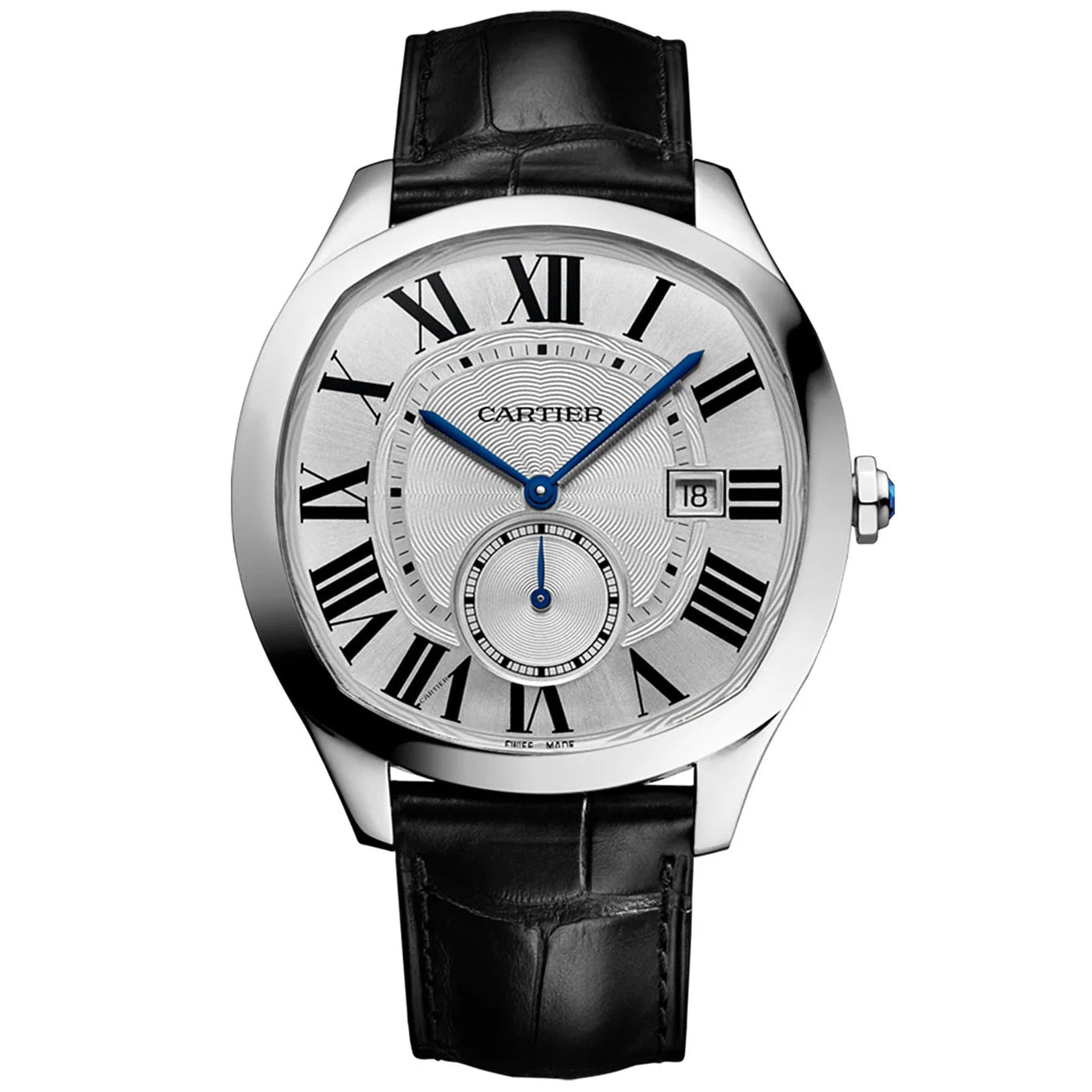 Cartier watch with black leather strap on a white background