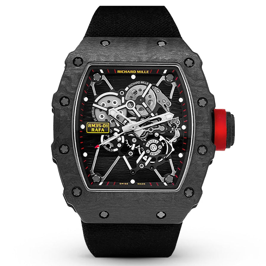 Black watch with red accents on a white background