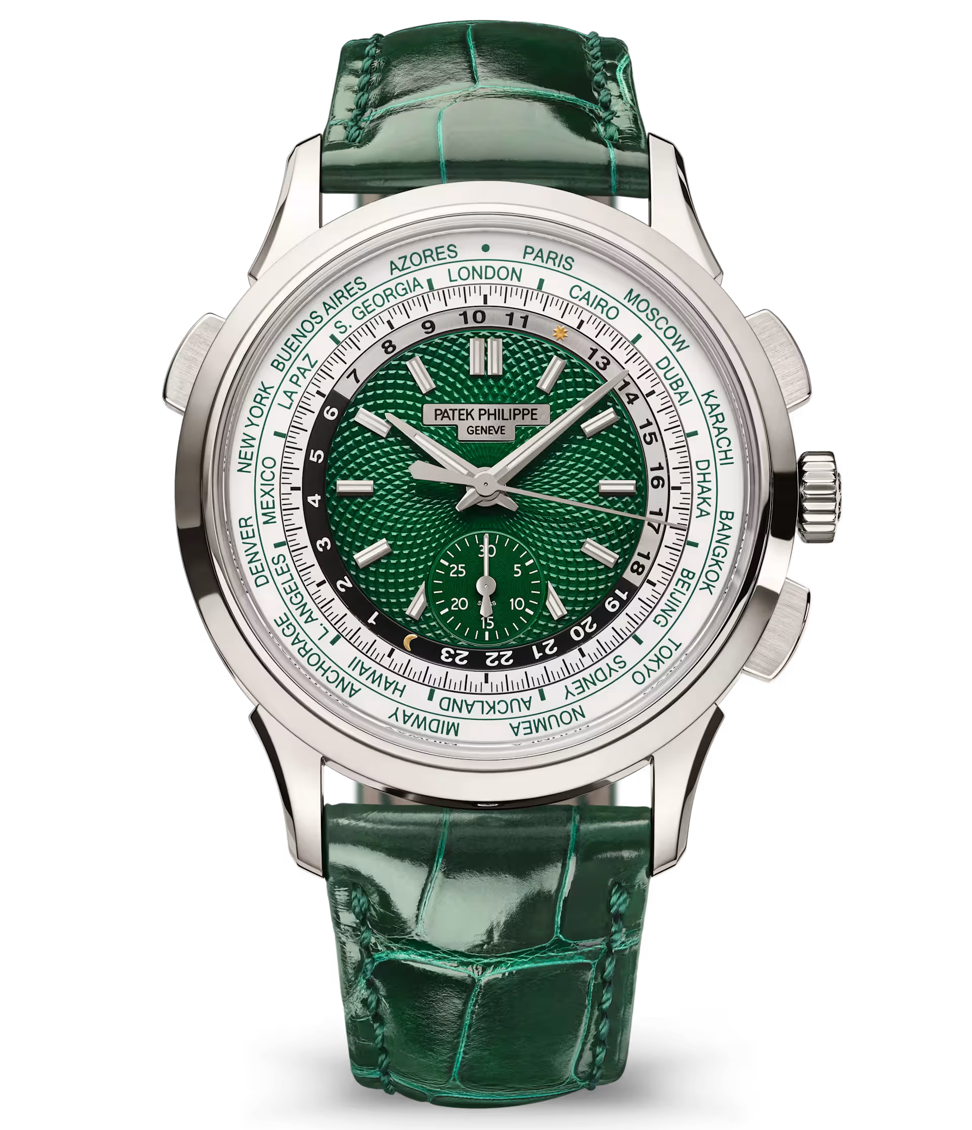 Patek Philippe World Time 5930P-001 Flyback Chronograph Platinum Green Dial