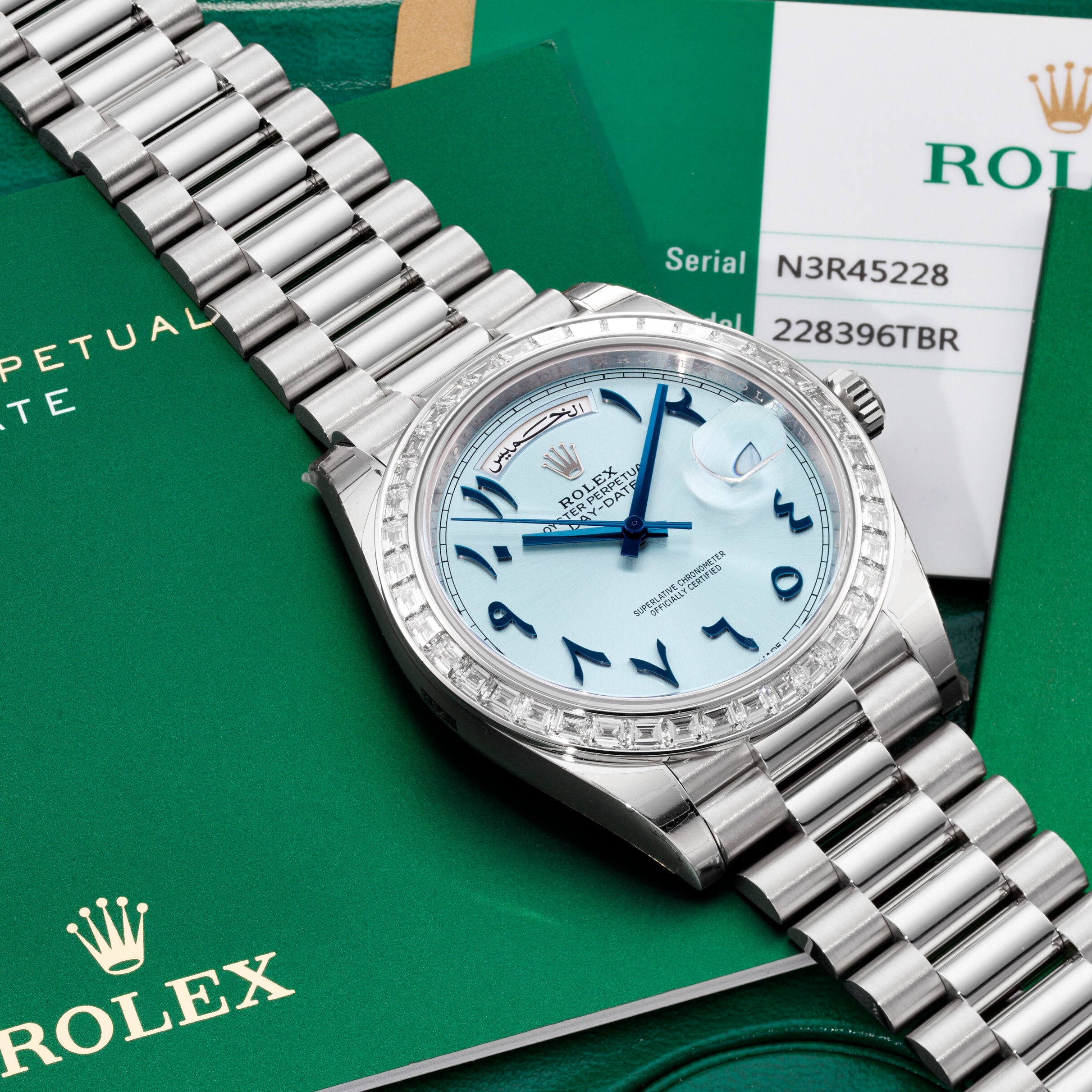 Rolex Day Date 22839TBR Automatic Diamond Bezel Arabic Numerals 40mm Ice Blue Dial Unisex Watch