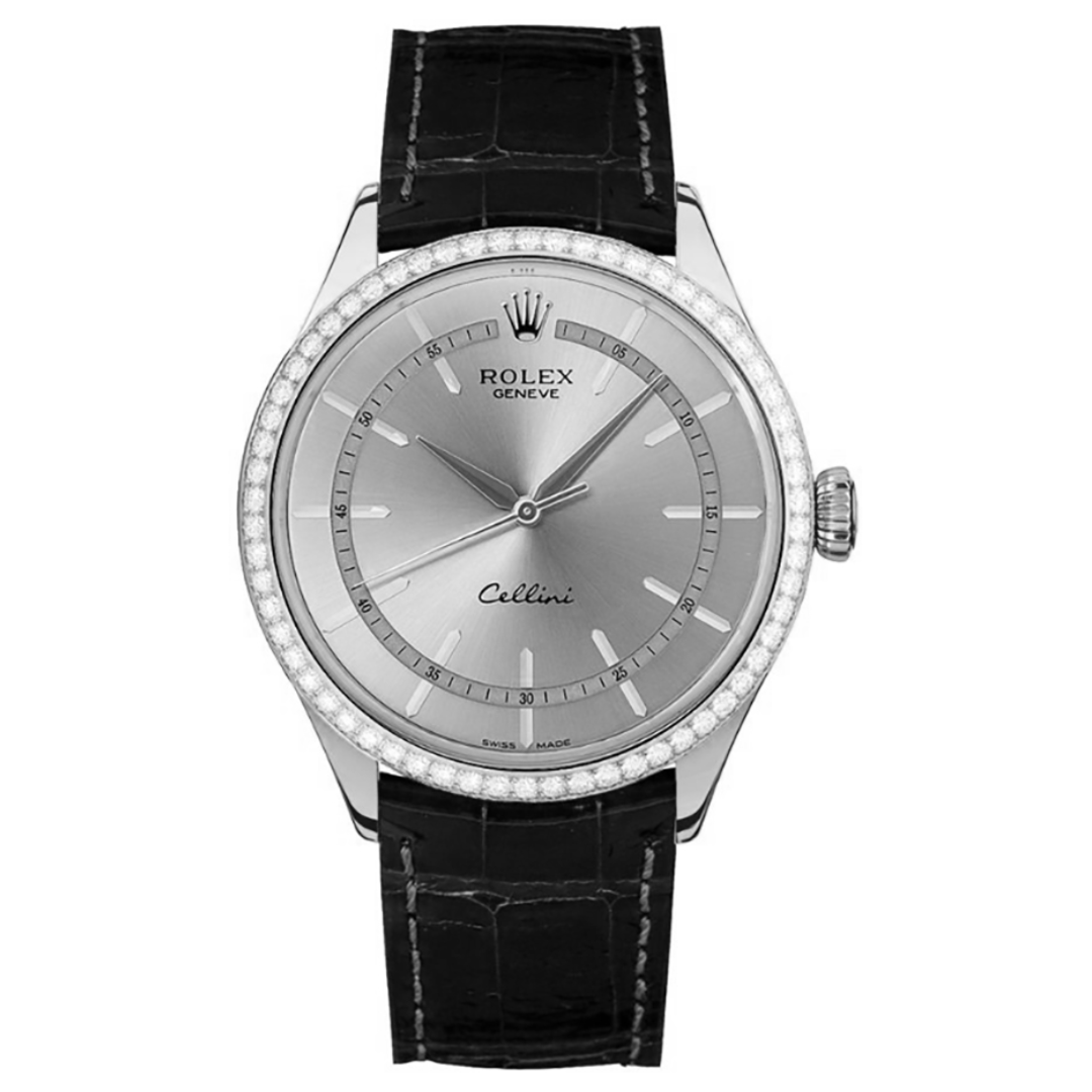 Rolex Cellini 50709Rbr 39Mm Rhodium Index Dial 18 White Gold Black Leather Strap Men’S Watch