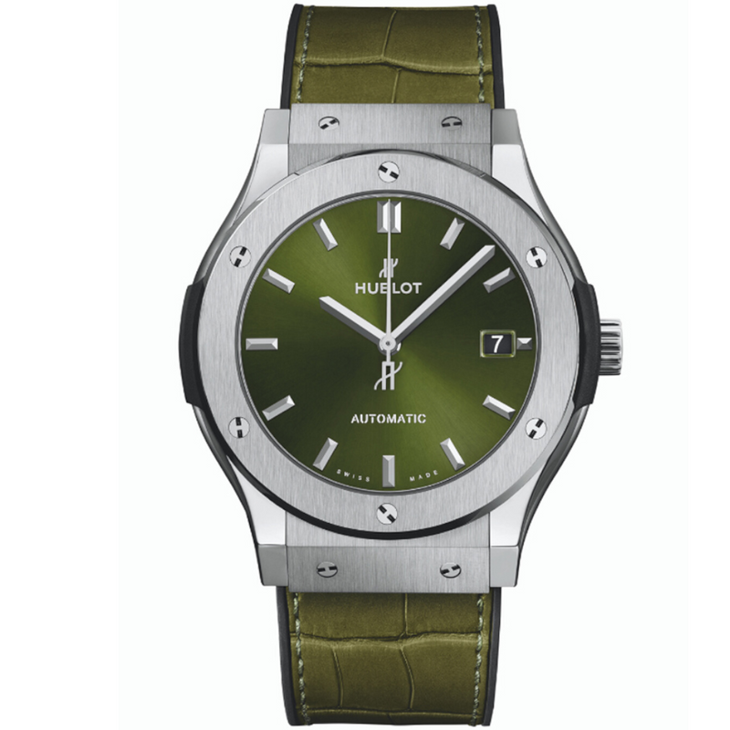 Hublot Classic Fusion – Green Dial – Titanium and Leather strap – E-Warranty – 45mm – New - Azzam Watches 