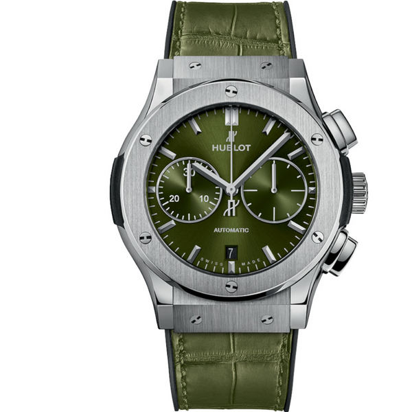 Hublot Classic Fusion Chronograph – 45mm – Green dial – Croco Leather – Unworn – Full Set - Azzam Watches 