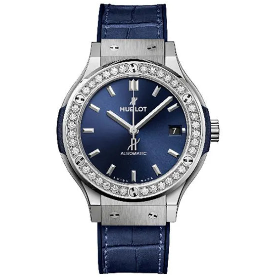 Hublot Classic Fusion 565.NX.7170.LR.1204.SDQ15 Blue Titanium Diamonds Bezel 38mm Ladies Watch