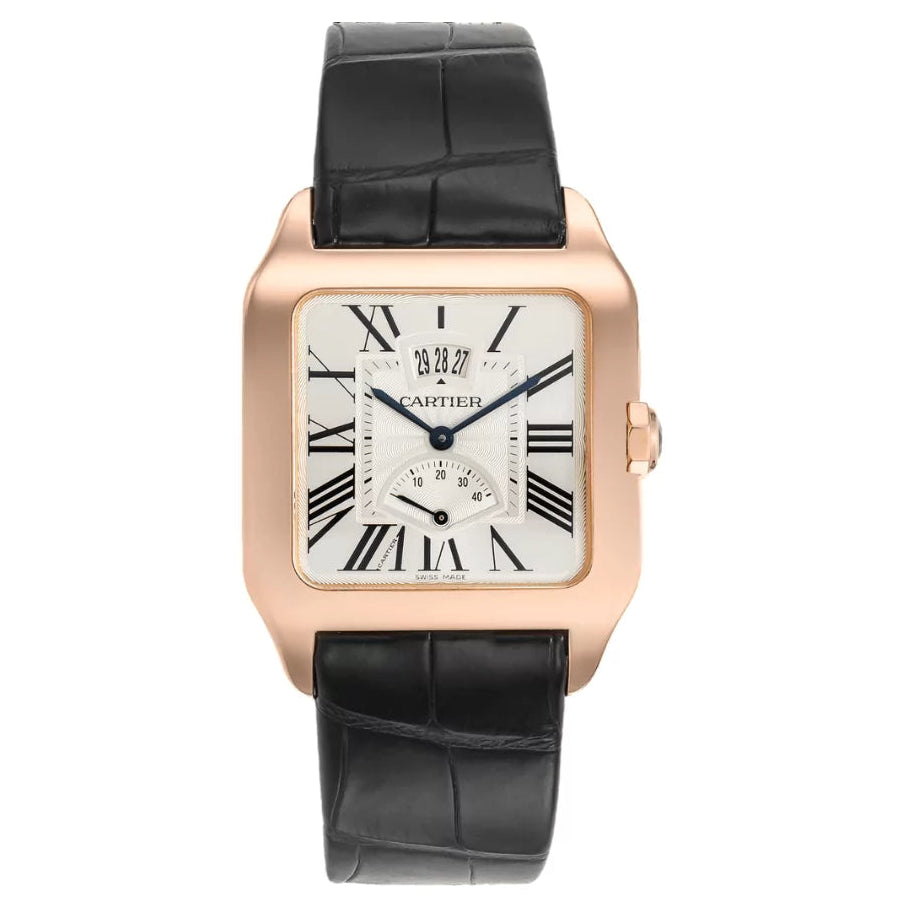 Cartier Santos Dumont W2020067 Rose Gold Silver Dial Black Strap