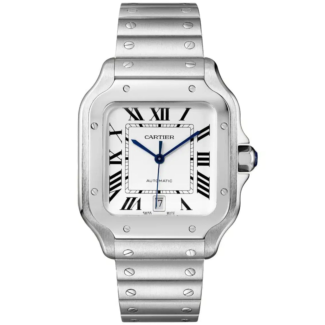 Silver Cartier watch with blue hands on a white background