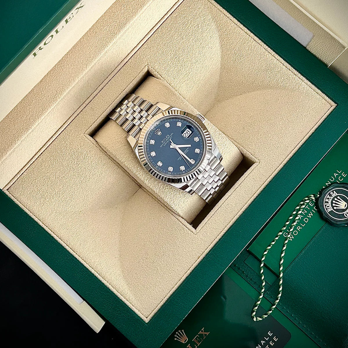 Rolex Datejust 41mm 126334-0015 White Gold Bezel Blue Diamond Dial Fluted Bezel Steel Oyster Bracelet Watch