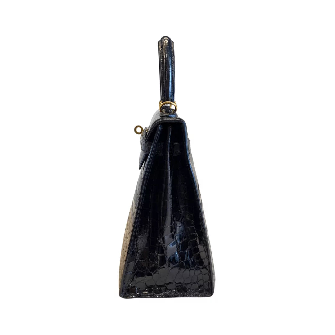 Hermes Kelly 25 Black Shiny Crocodile Gold HW Handbag