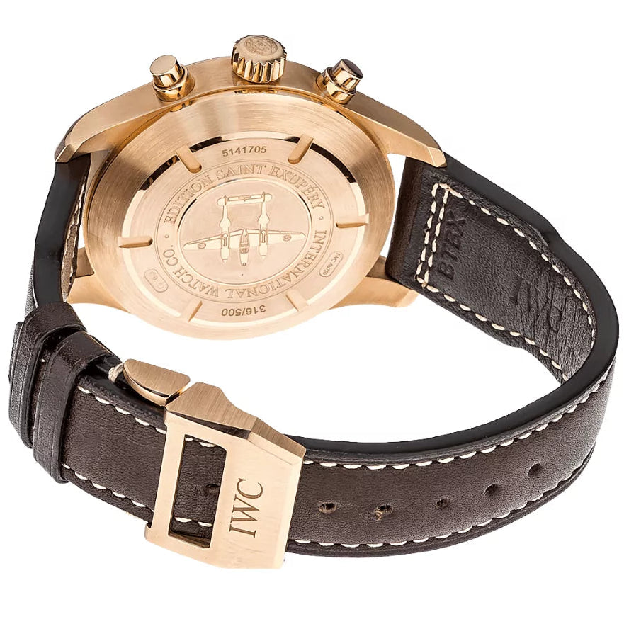 Rose gold watch with brown leather strap on a white background