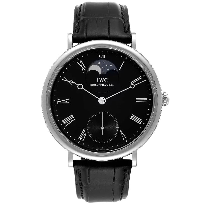 IWC watch with black dial and leather strap on a white background