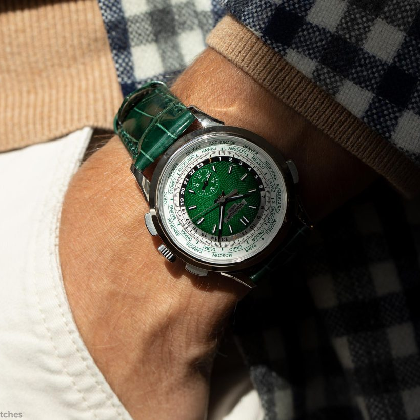 Patek Philippe World Time 5930P-001 Flyback Chronograph Platinum Green Dial