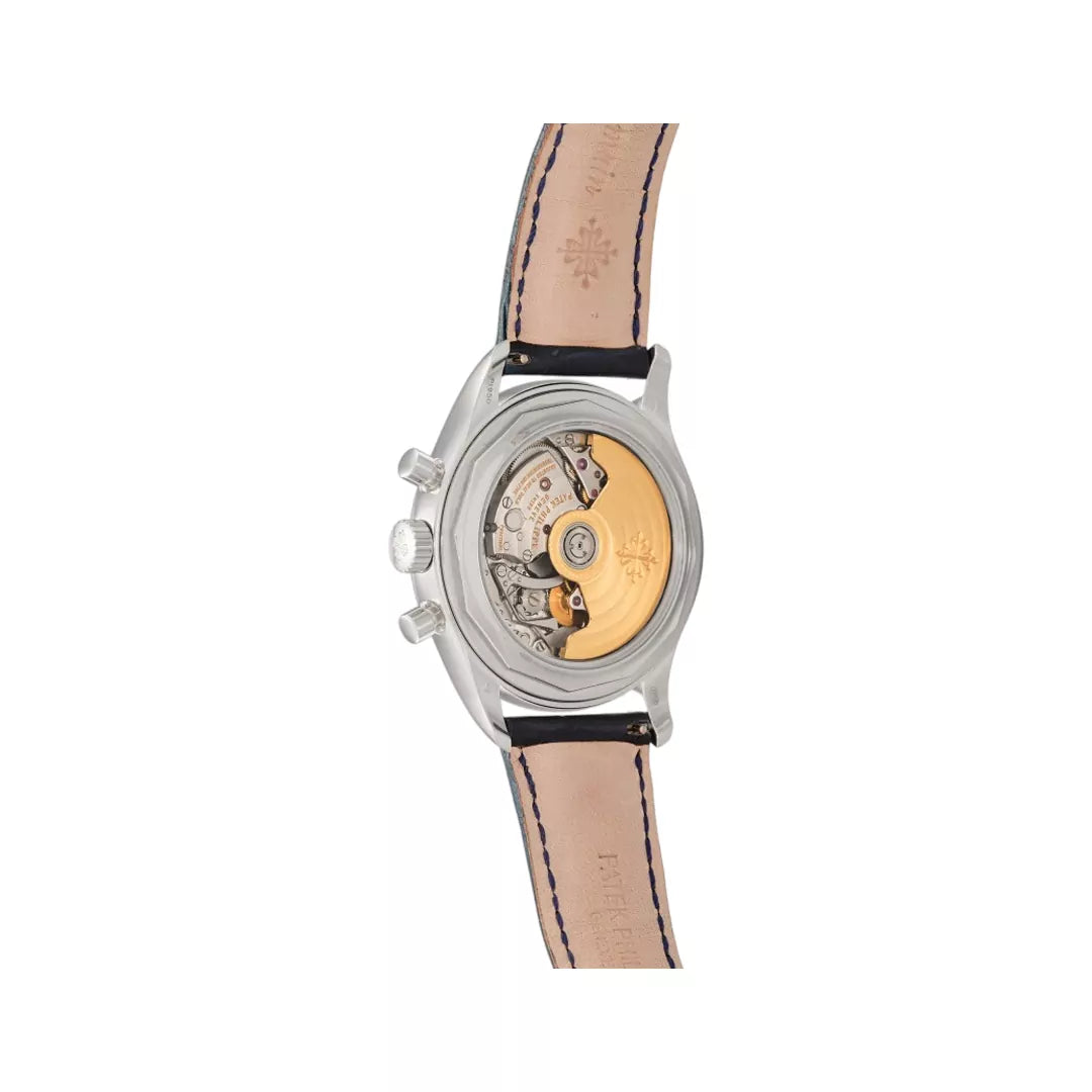 ساعة باتيك فيليب كرونوغراف موسكو بتقويم سنوي 5960G-010 من الذهب الأبيض، قطر 40.5 مم، مينا أزرق، ساعة رجالية