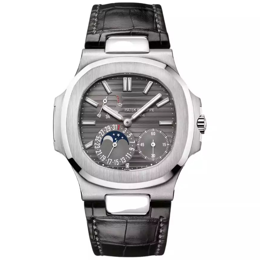 Patek Philippe Nautilus 5712G-001 Slate Gray Indices Moon Phase 18K White Gold Black Matted Leather Straps