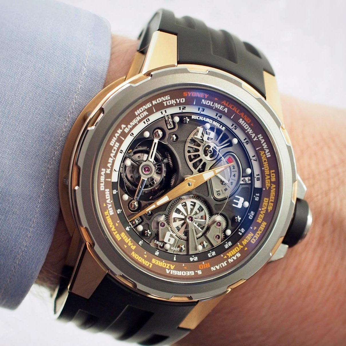 Richard Mille Rm 58-01 Manual Winding Tourbillon Worldtimer Jean Todt 50Mm Rose Gold Black Rubber Straps Men’S Watch