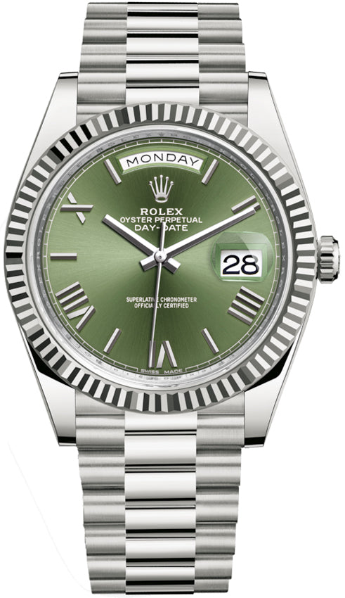 Rolex Day-Date 228239 Ogrp Olive Green Beveled Roman Fluted Bezel Dial 40Mm 18Kt White Gold Jubilee Bracelet Men’S Watch