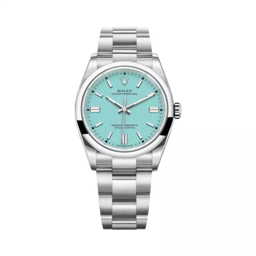 Silver watch with a turquoise dial on a white background