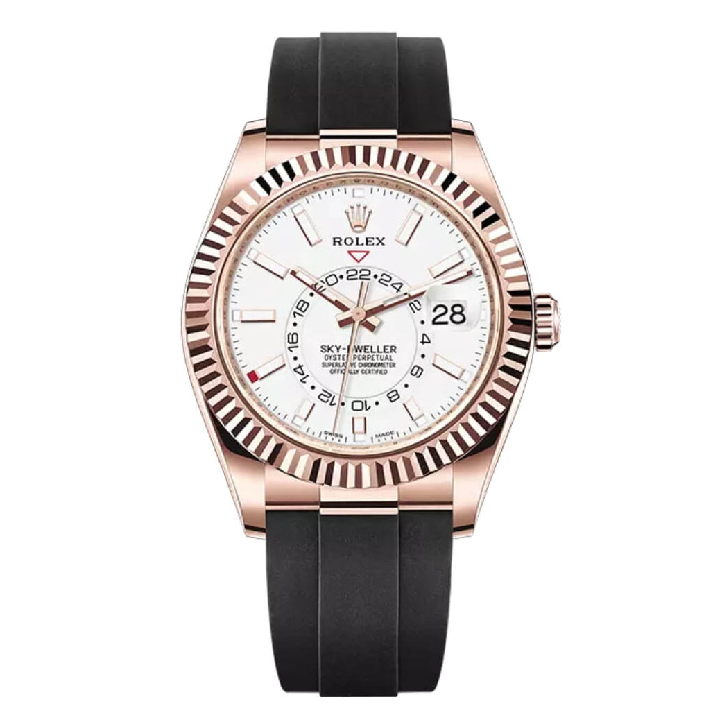 Rolex watch with black strap and rose gold case on white background