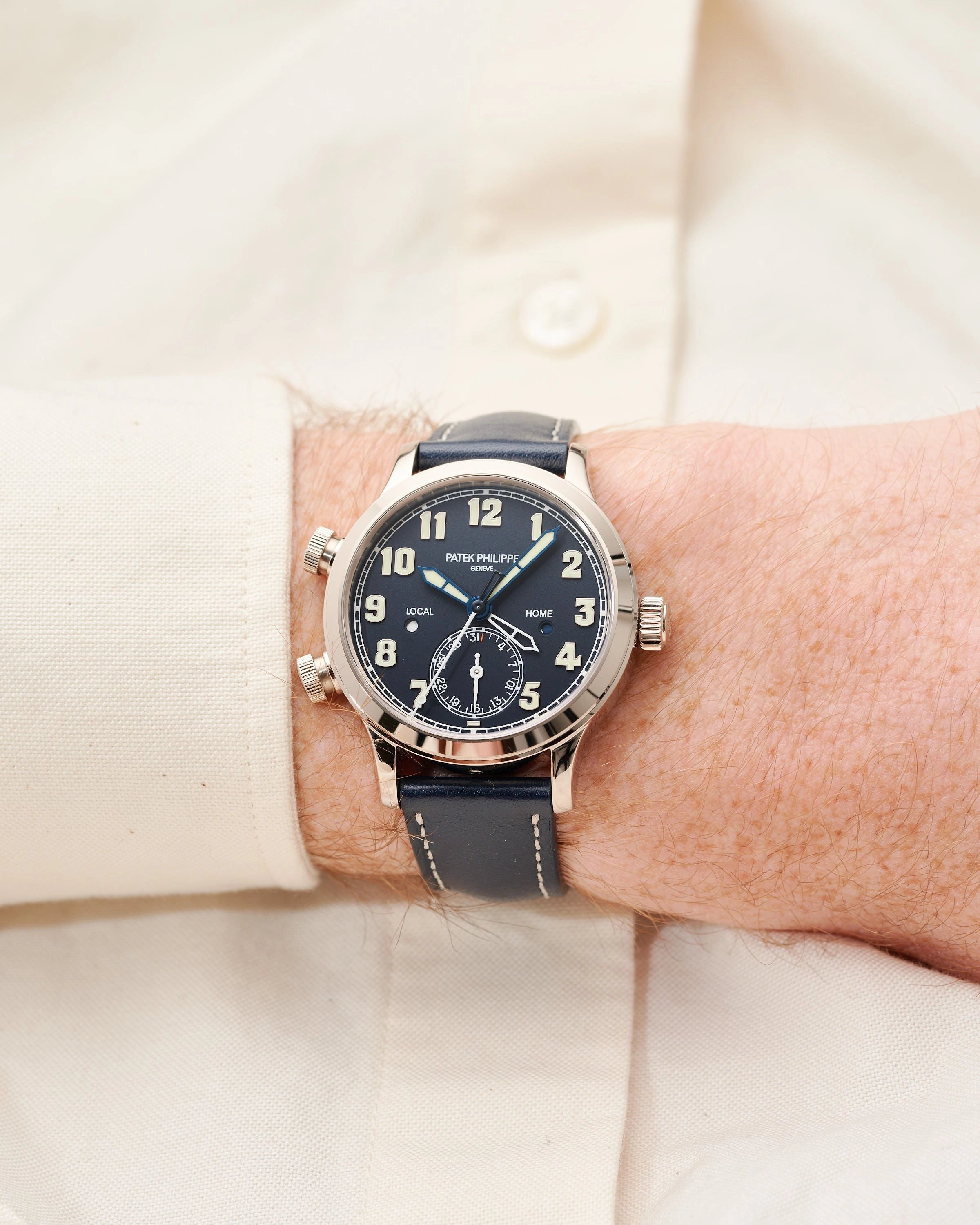 Patek Philippe Complications Calatrava 7234G-001 Blue Varnished Pilot Travel Time 18K White Gold