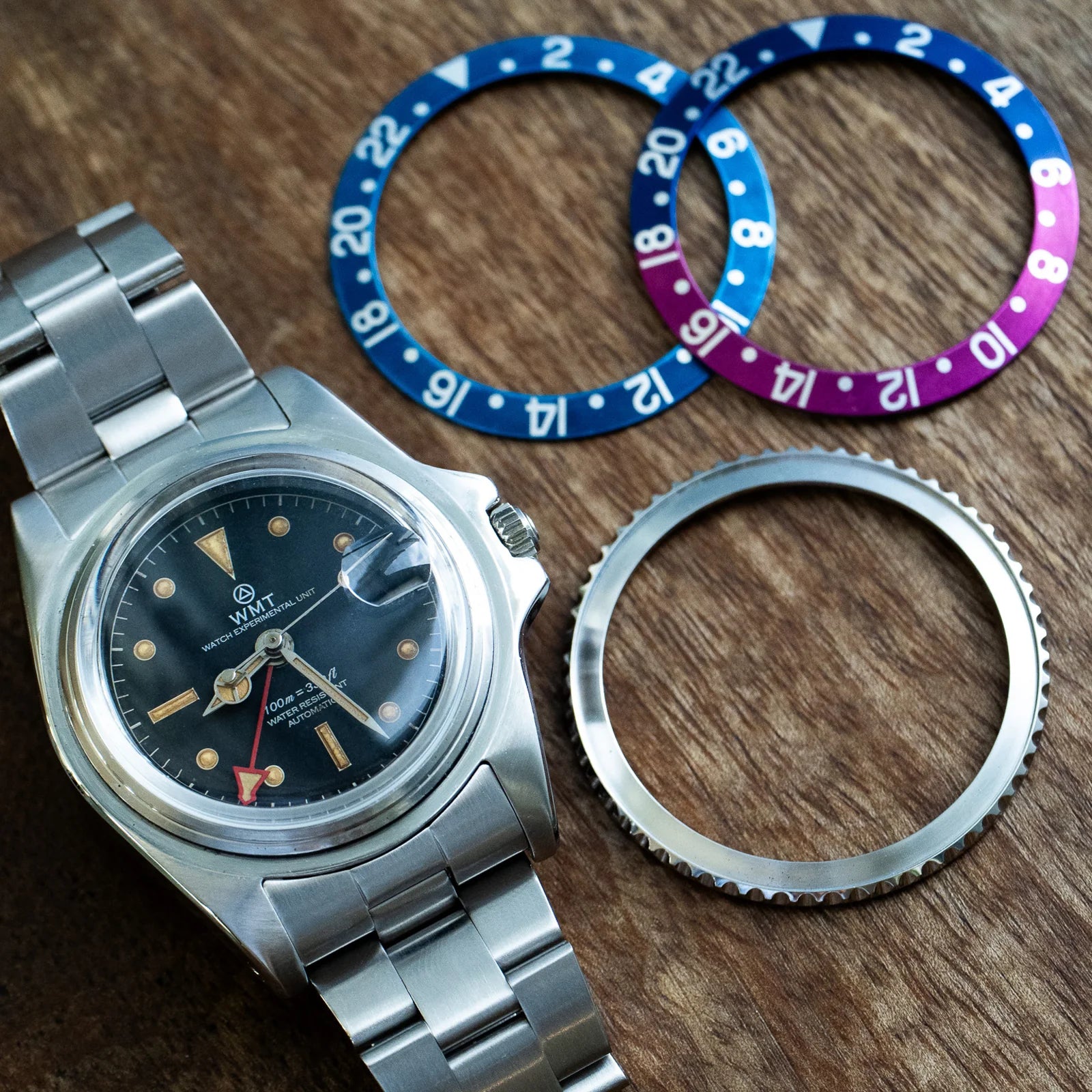 Sanford MKII - Interchangeable Bezel/ Fuchsia & Blueberry Bezel/ Aged Edition/ Metal Bracelet + Leather Strap Set WMT-AB056 WMT