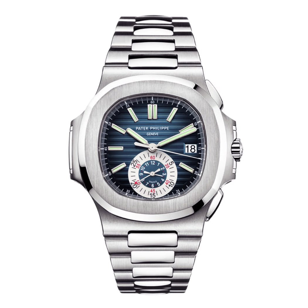 A Peter Millar Swiss watch with a stainless steel octagonal case and integrated bracelet, featuring a dark blue dial with silver-tone indices and sub-dials.