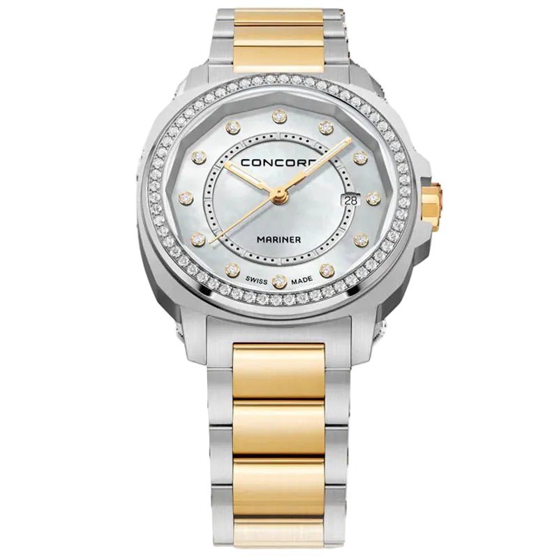 CONCORD WOMEN'S SILVER TONE CASE WHITE MOP DIAL DIA BEZEL QUARTZ WATCH