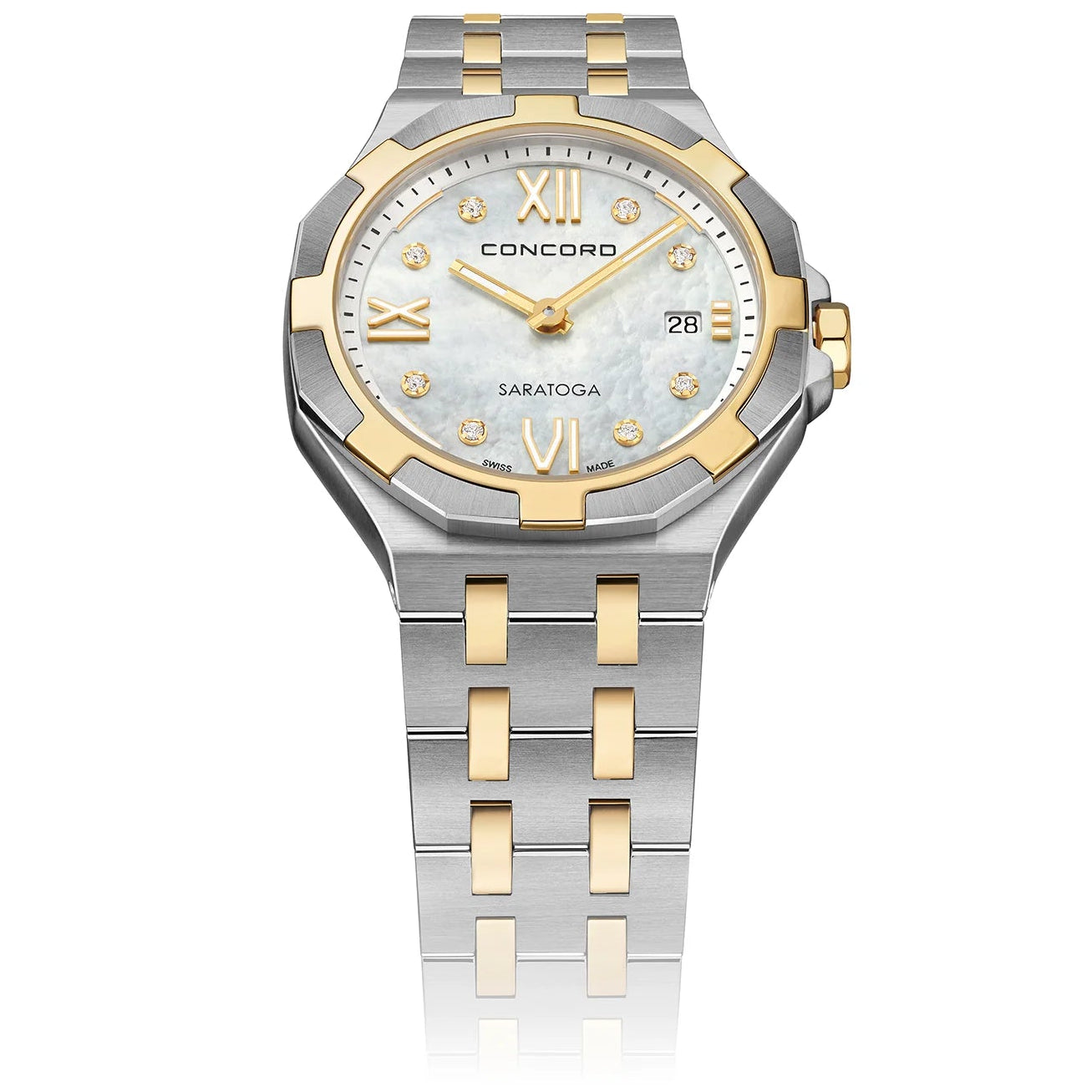 CONCORD WOMEN'S SILVER & GOLD TONE CASE WHITE MOP DIAL QUARTZ WATCH