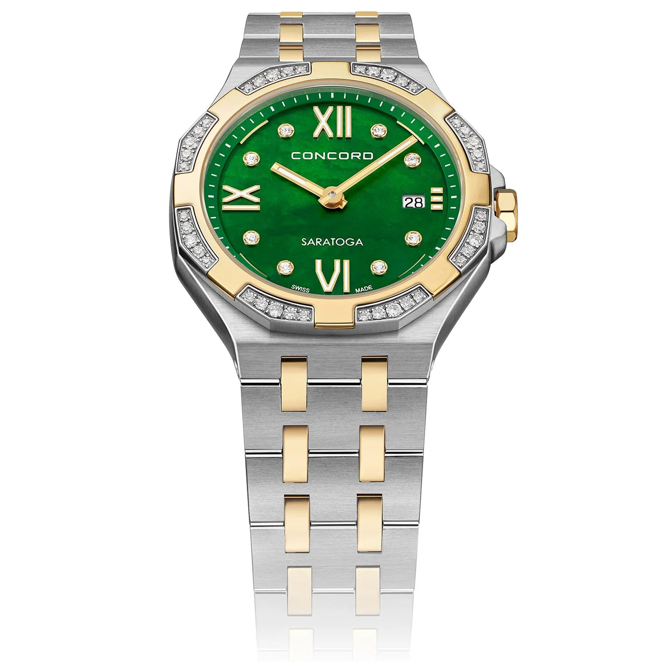 CONCORD WOMEN'S SILVER & GOLD TONE CASE GREEN MOP DIAL DIA BEZEL 0.30CT QUARTZ WATCH
