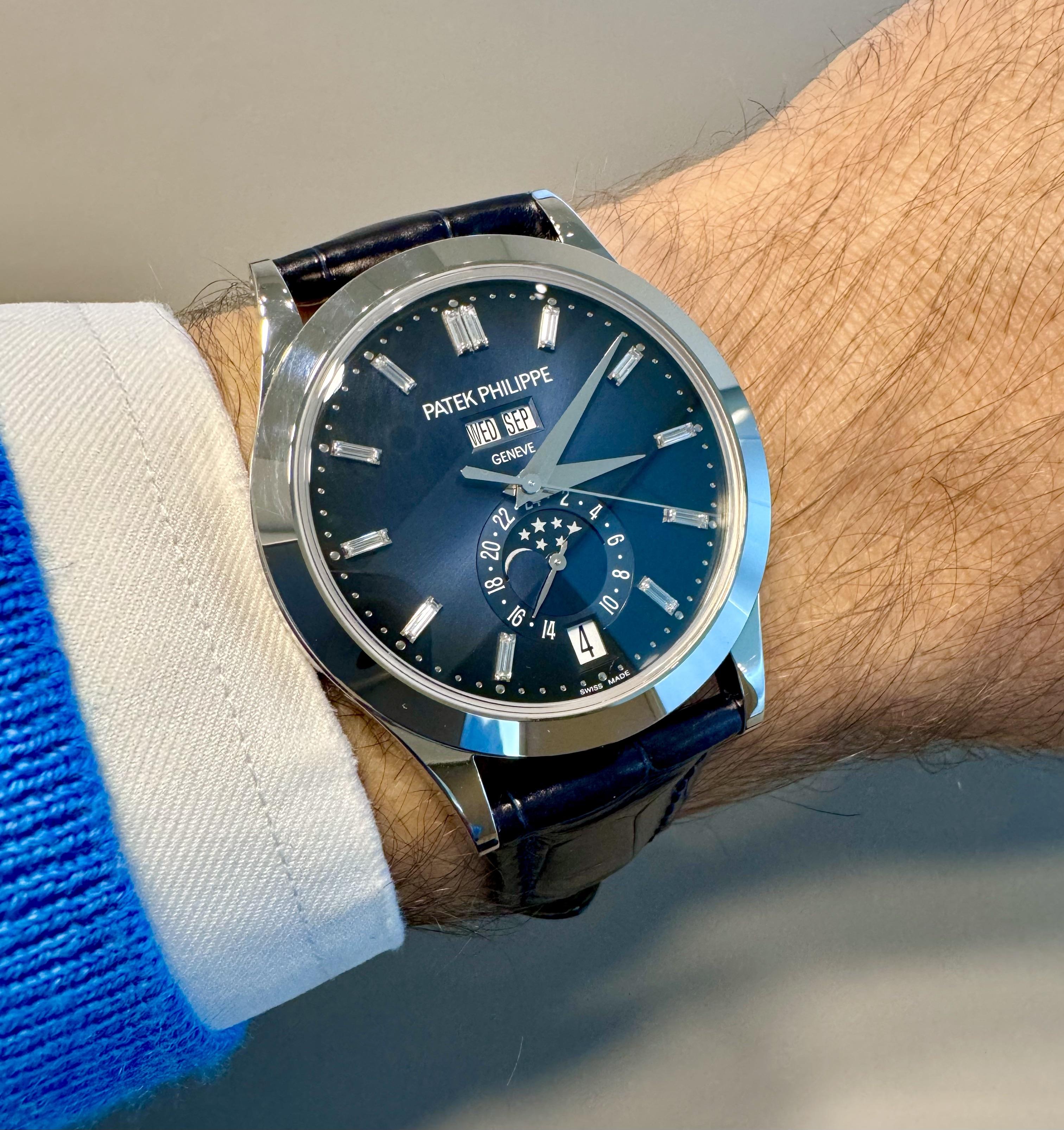 Patek Philippe Complications 5396G-017 Annual Calendar Moonphase 18k White Gold 38.5mm Blue Dial Men’s Watch