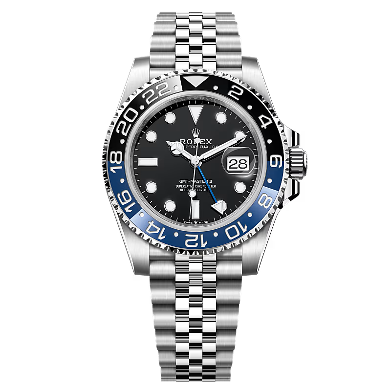 Rolex watch with black face and blue accents on a white background