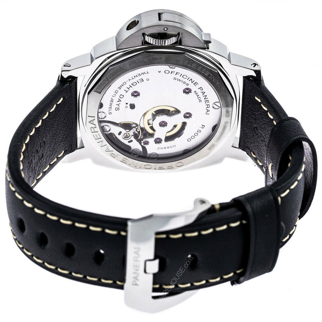 Watch with black leather strap and silver case on a white background