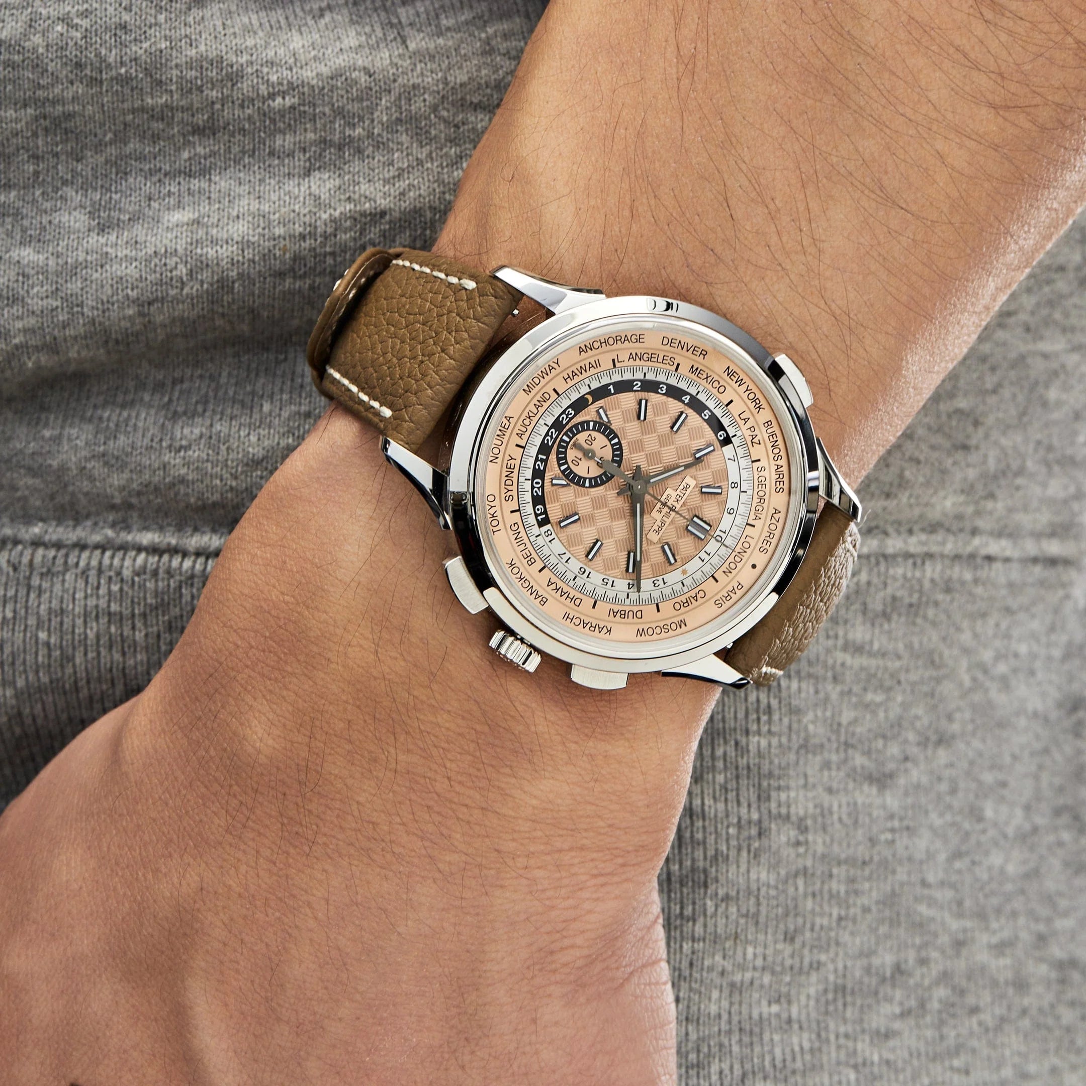 Patek Philippe World Time 5935A-001 Chronograph Stainless Steel Salmon Dial 41mm Men’s Watch