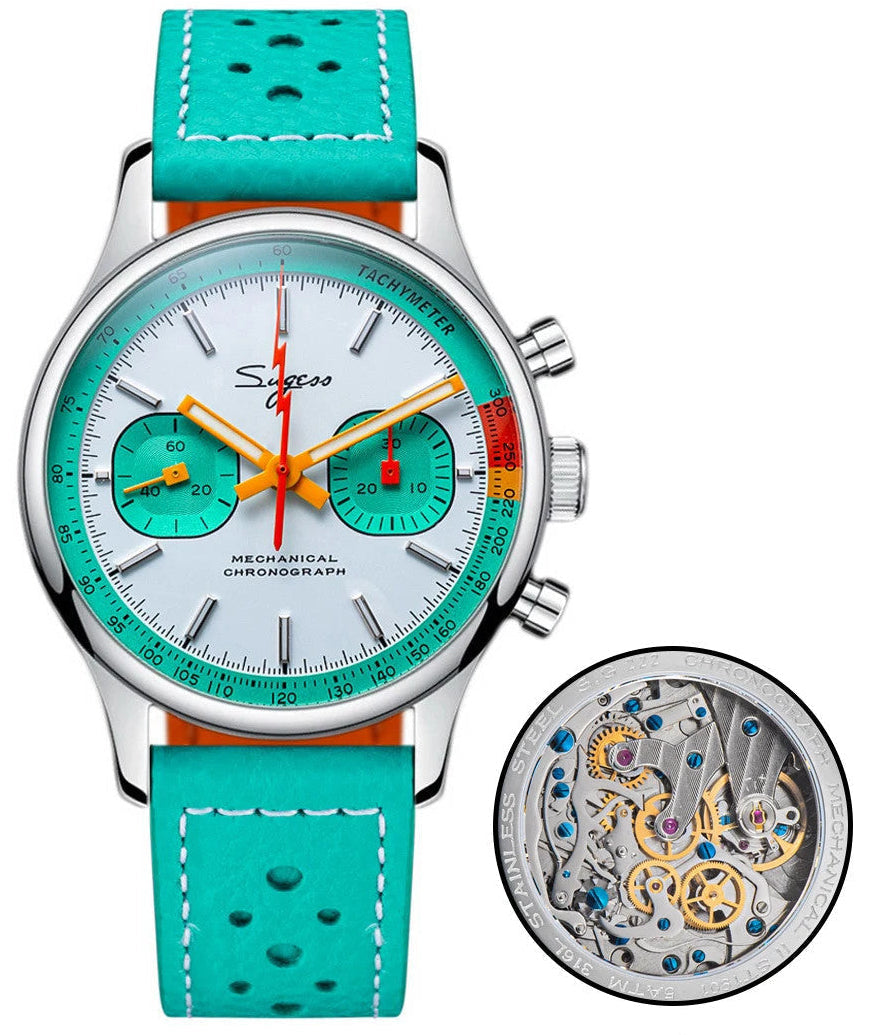 Wristwatch with turquoise strap and detailed face, showing normal version on a white background.