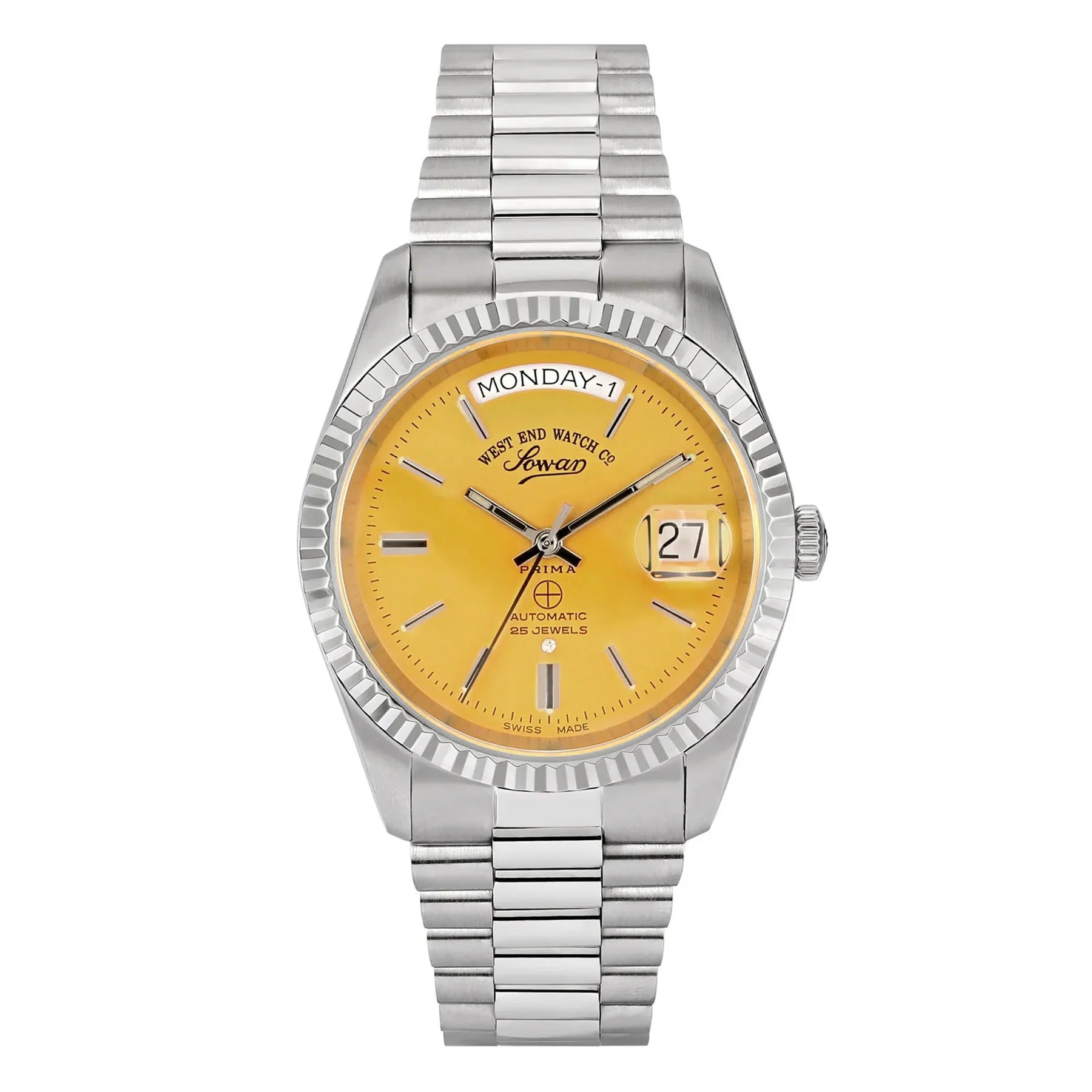 WEST END MEN'S SILVER TONE CASE YELLOW DIAL AUTOMATIC WATCH
