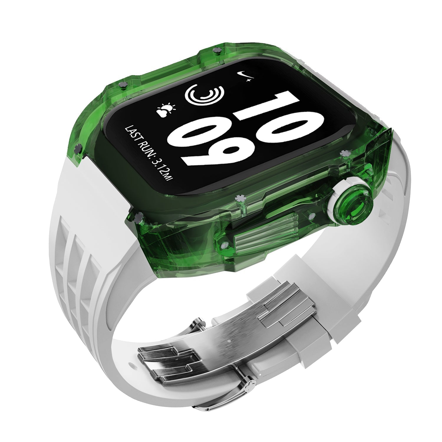 Apple watch case polycarbonate 44/45mm - transparent green case with white strap - Azzam Watches 