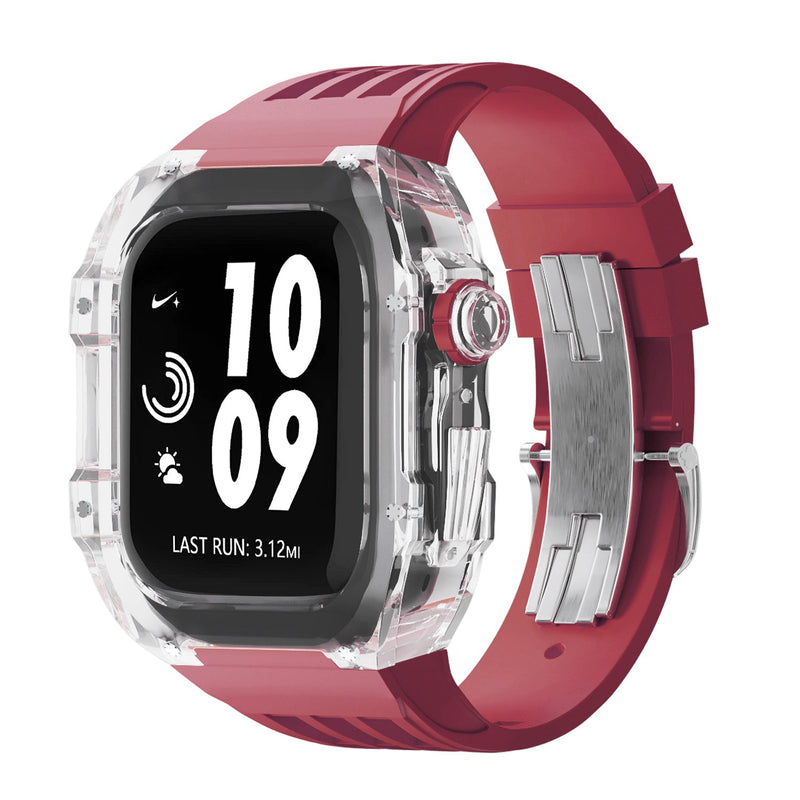 Apple watch case polycarbonate 44/45mm - transparent case with burgundy strap - Azzam Watches 
