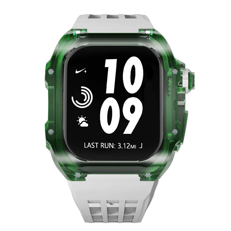 Apple watch case polycarbonate 44/45mm - transparent green case with white strap - Azzam Watches 