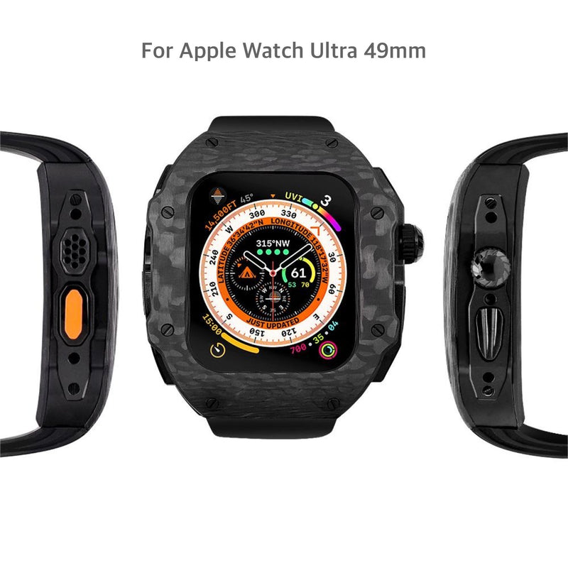 Apple watch carbon fiber case 44/45mm - black/rose gold case with black strap - Azzam Watches 