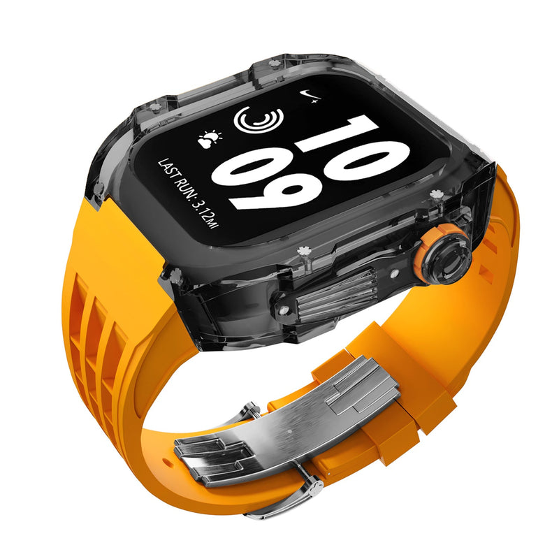 Apple watch case polycarbonate 44/45mm - transparent black case with orange strap - Azzam Watches 