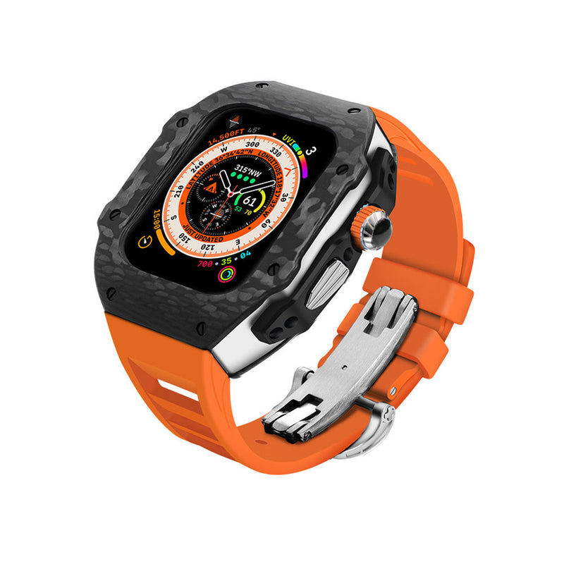 Apple watch carbon fiber case 44/45mm - black/steel case with orange strap - Azzam Watches 