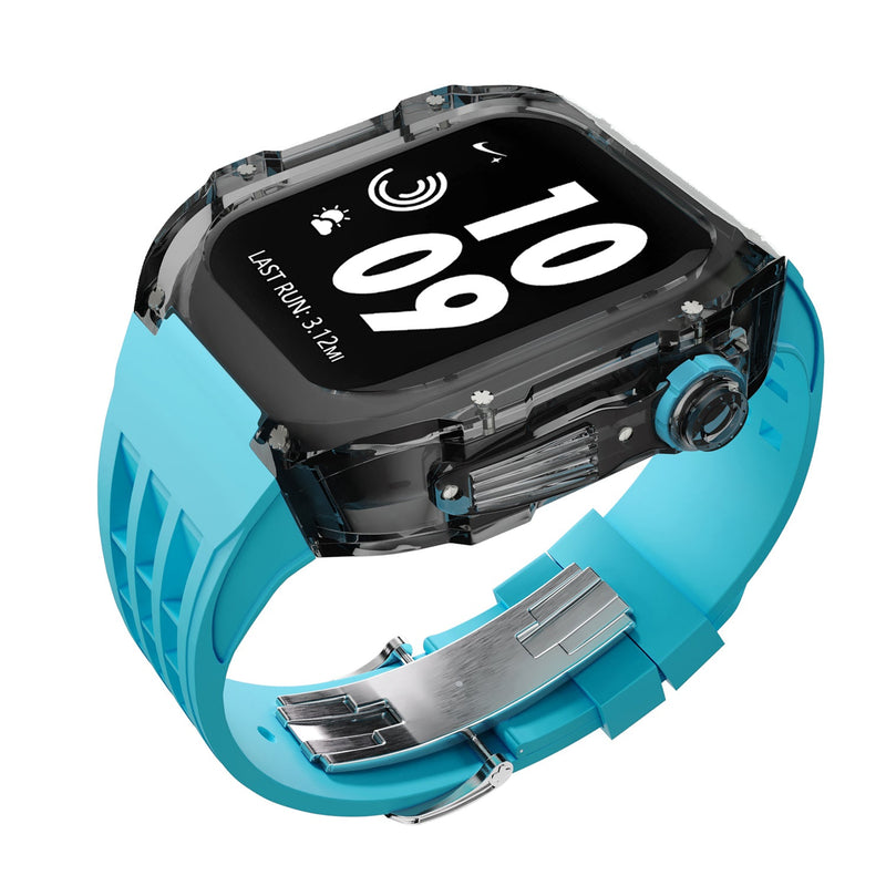 Apple watch case polycarbonate 44/45mm - transparent black case with baby blue strap - Azzam Watches 
