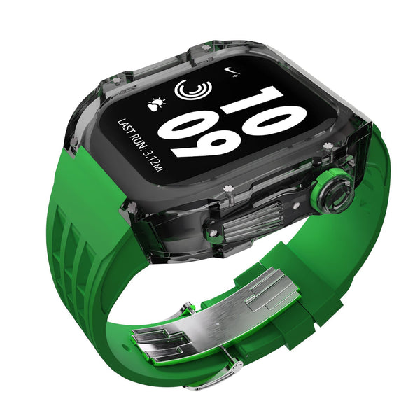 Apple watch case polycarbonate 44/45mm - transparent black case with green strap - Azzam Watches 