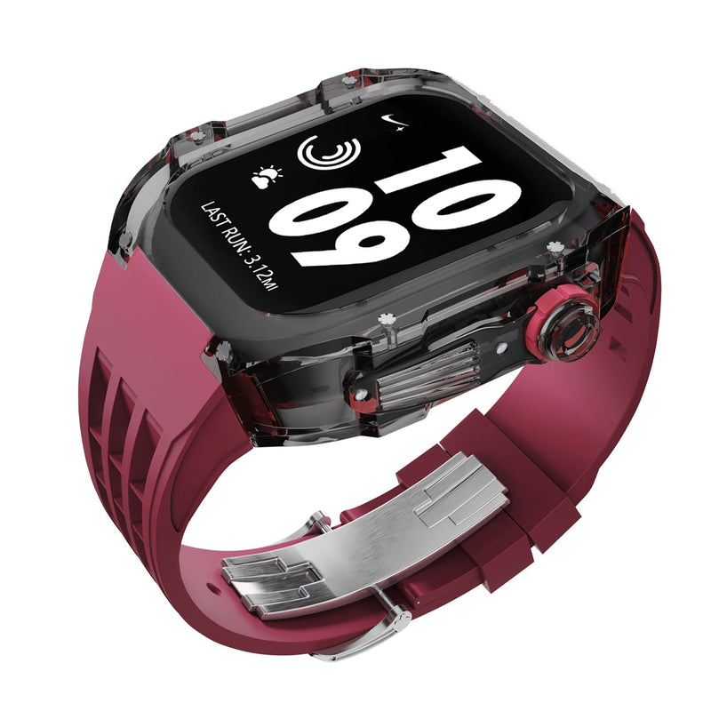 Apple watch case polycarbonate 44/45mm - transparent black case with burgundy strap - Azzam Watches 