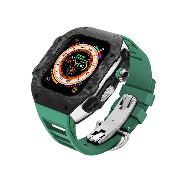 Apple watch carbon fiber case 44/45mm - black/steel case with green strap - Azzam Watches 
