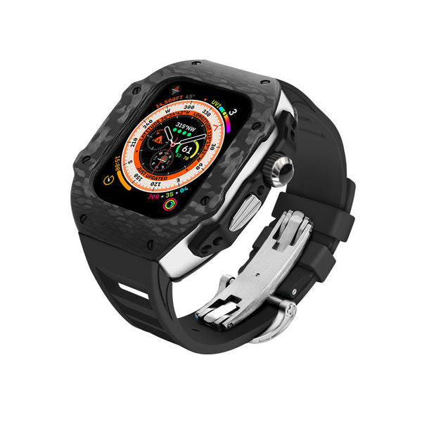 Apple watch carbon fiber case 44/45mm - black/steel case with black strap - Azzam Watches 