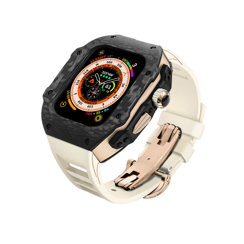 Apple watch carbon fiber case 44/45mm - black/rose gold case with off white strap - Azzam Watches 