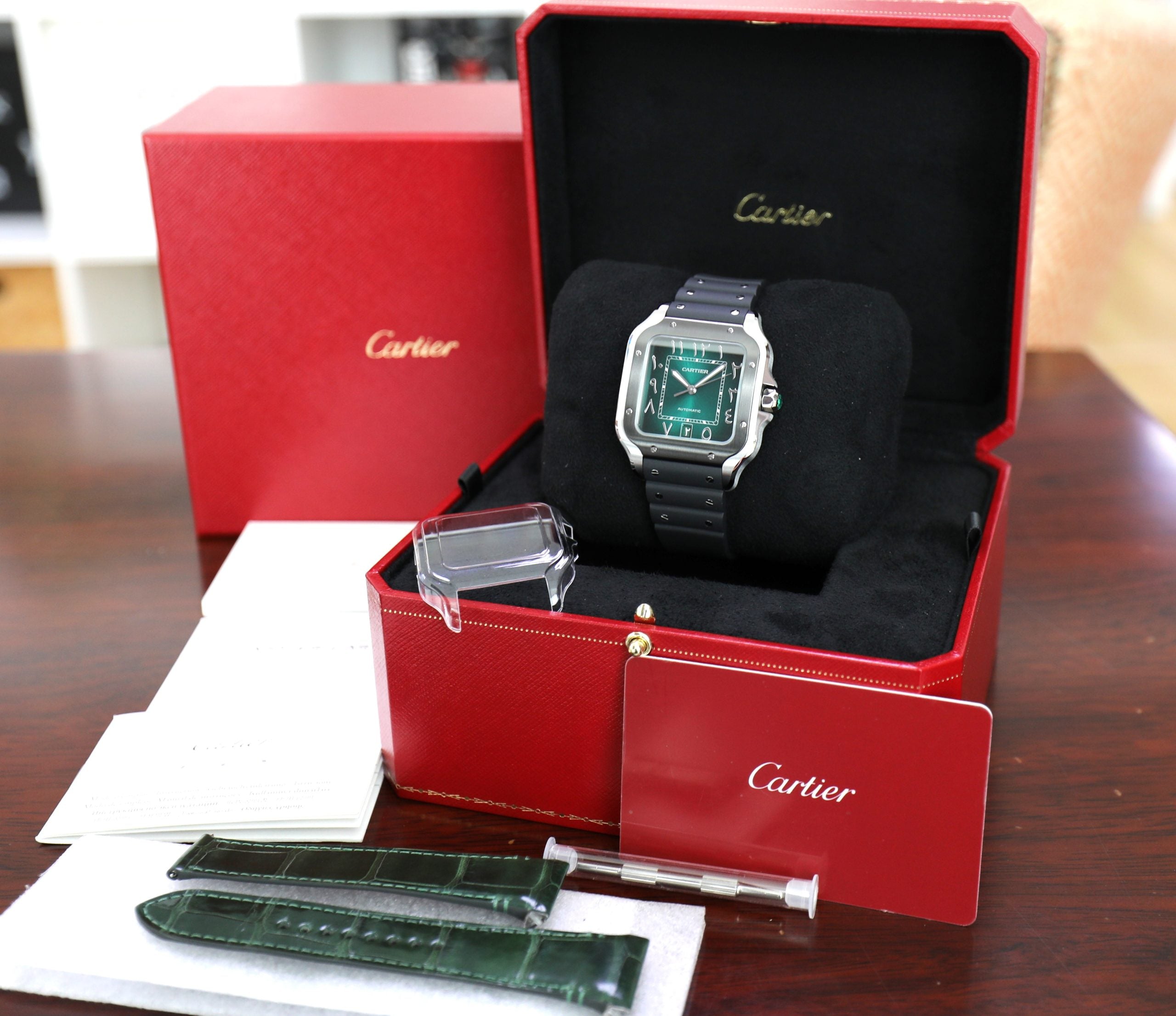 Cartier Santos – Middle East Exclusive – One Shot – Arabic Dial Green – Large – New – Full Set - Azzam Watches 