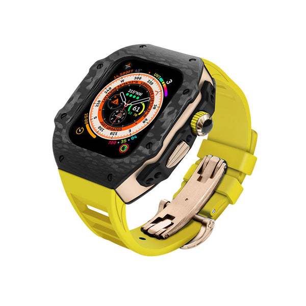 Apple watch carbon fiber case 44/45mm - black/rose gold case with yellow strap - Azzam Watches 