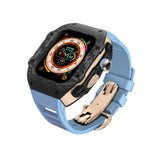 Apple watch carbon fiber case 44/45mm - black/rose gold case with baby blue strap - Azzam Watches 